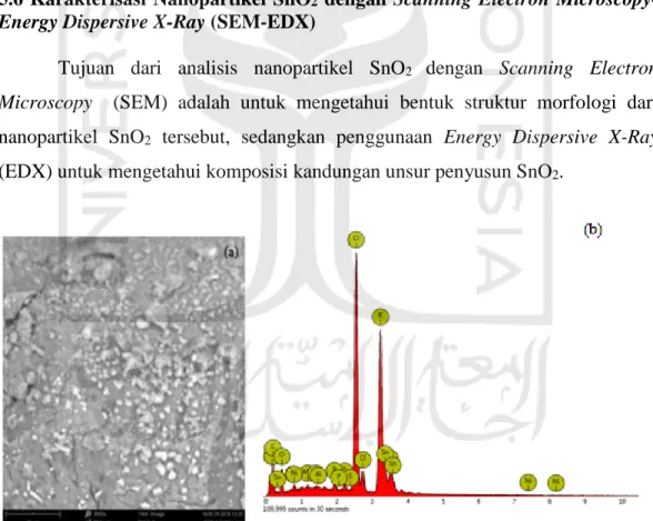 Gambar 7. Hasil SEM dengan  perbesaran 3000x (a) dan hasil analisis EDX (b)  pada nanopartikel SnO 2 