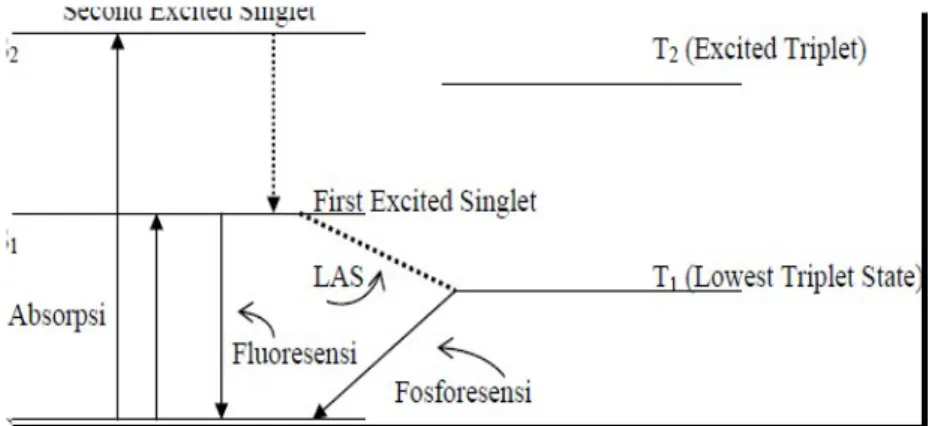 Gambar 2. Diagram transisi energi dari eksitasi, fluoresensi dan fosforesensi