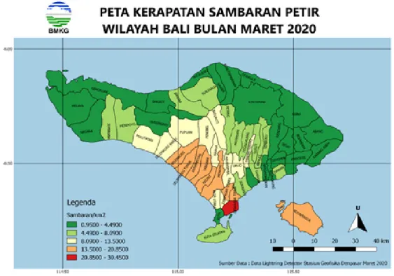 Gambar 3. Sebaran Sambaran Petir Wilayah Bali dan Sekitarnya Bulan Maret 2020