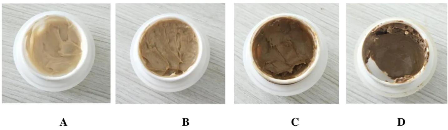 Gambar 2. Krim anti acne dengan berbagai konsentrasi ekstrak jeruju, Keterangan: A (Krim 1%); B (Krim 5%); C  (Krim 10%); D (Krim 15%)