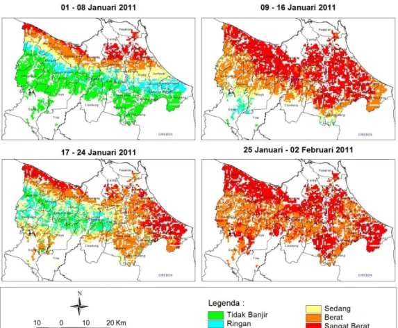 Gambar 3-5: Distribusi daerah rawan banjir sawah Kabupaten Indramayu periode Januari 2011 