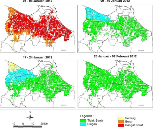 Gambar 3-6: Distribusi daerah rawan banjir sawah Kabupaten Indramayu periode Januari 2012