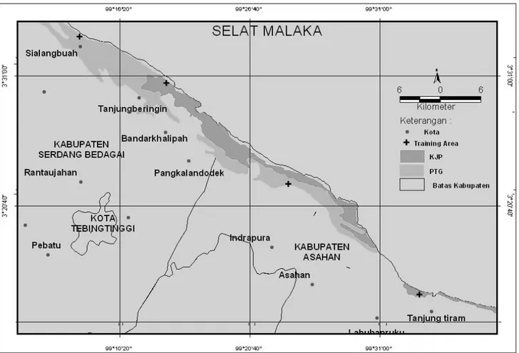 Gambar 1. Lokasi pencuplikan data ekologi mangrove di pantai timur Sumatera Utara. 