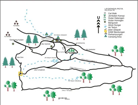 Gambar 1. Jalur-jalur penjelajahan di kawasan Pusat Pendidikan dan Konservasi Alam Bodogol  HASIL DAN PEMBAHASAN 