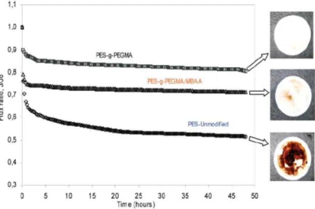 Gambar 2. Profil fluks selama proses ultrafiltrasi  larutan humic acid (50 mg/L, pH 7.2, 1 mM Ca2+) 