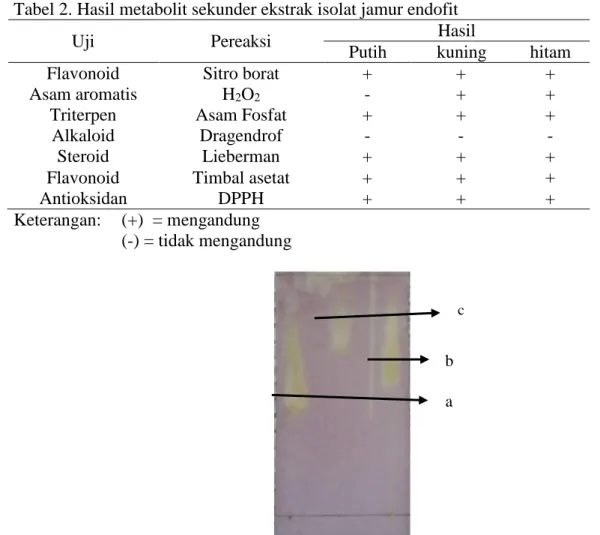 Tabel 2. Hasil metabolit sekunder ekstrak isolat jamur endofit 