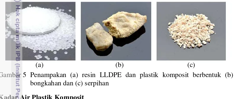 Gambar 5 Penampakan (a) resin LLDPE dan plastik komposit berbentuk (b) 