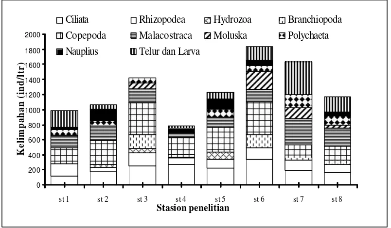 Gambar 12 Kelimpahan rata-rata zooplankton pada setiap stasion penelitian. 