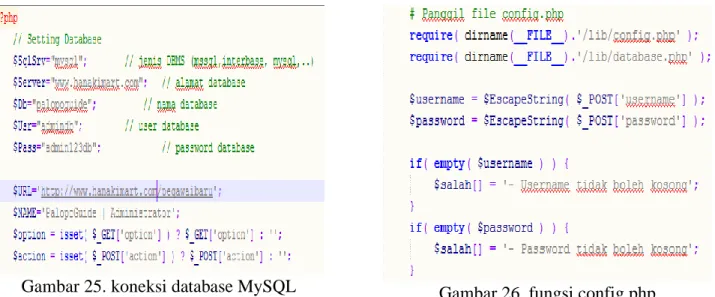Gambar 25. koneksi database MySQL  Gambar 26. fungsi config.php 