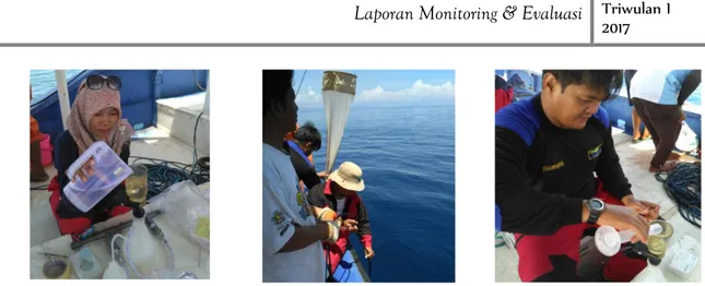 Gambar 4. Pelaksanaan survey Selat Bali , pengambilan sampel TSS,  Clorofil, Biosonic dan WQC 