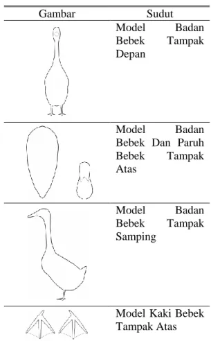 Gambar  Sudut  Model  Badan  Bebek  Tampak  Depan            Model  Badan Bebek  Dan  Paruh Bebek Tampak Atas             Model  Badan Bebek Tampak Samping 