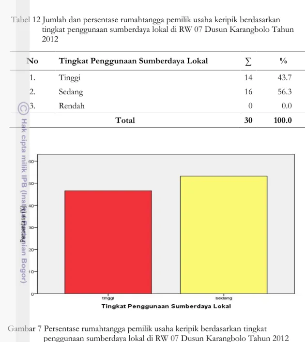 Tabel 12 Jumlah dan persentase rumahtangga pemilik usaha keripik berdasarkan tingkat penggunaan sumberdaya lokal di RW 07 Dusun Karangbolo Tahun 2012