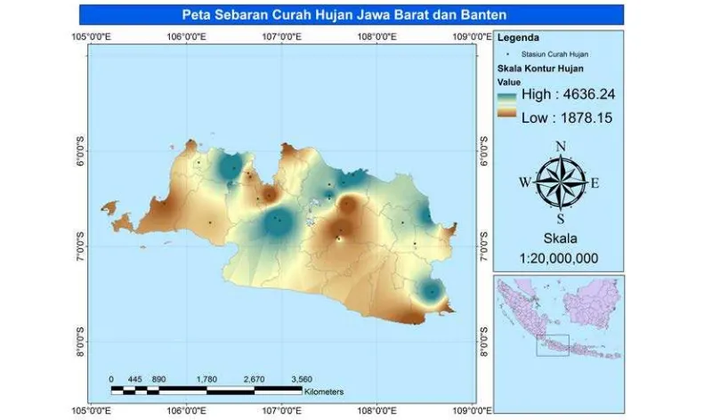 Gambar 3  Kontur curah hujan tahunan rata-rata dalam mm selama periode 1971 – 2000 di Provinsi Jawa Barat dan Banten 