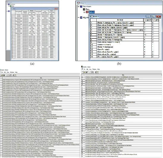 Gambar 2. Hasil Decision System (a), Reduct (b), Rules (c) dengan software Rosetta 
