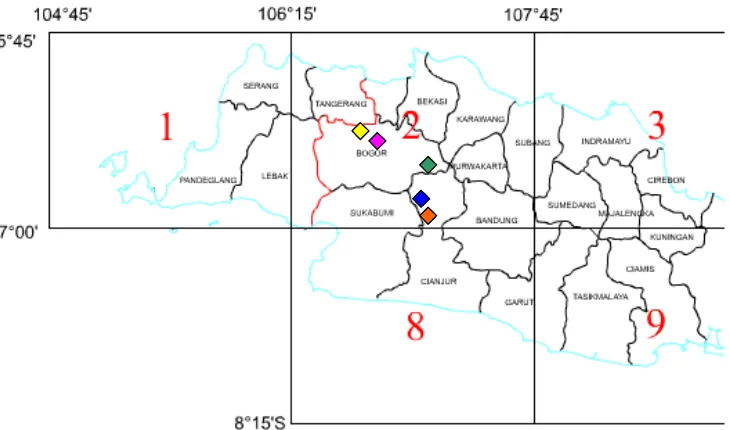 Gambar 3 Peta lokasi pengambilan sampel di Bogor dan sekitarnya 
