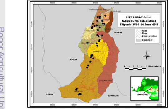 Gambar 2  Peta sebaran lokasi pengambilan sampel tanah di Kecamatan    Nanggung. 