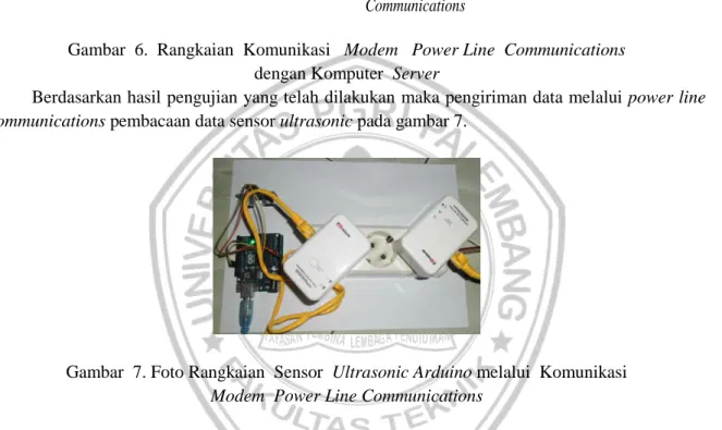 Gambar  7. Foto Rangkaian  Sensor  Ultrasonic Arduino melalui  Komunikasi  Modem  Power Line Communications 