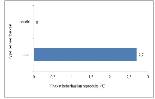 Gambar 9.   Keberhasilan reproduksi dilihat dari 2 tipe penyerbukan merbau di Populasi Perbanyakan Merbau Petak 93,  Paliyan, Gunung Kidul, Yogyakarta 