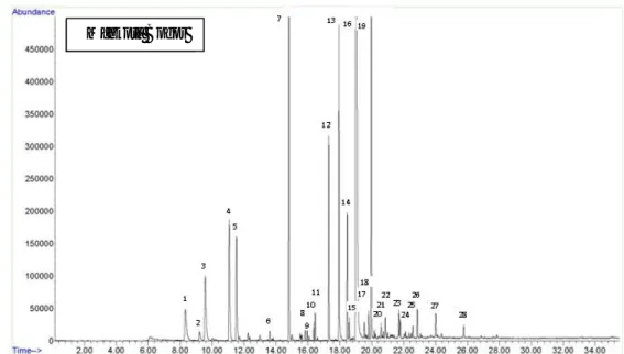 Gambar  3  Profil  kromatogram  yang  diperoleh  dari  ekstraksi  nanas  Mahkota  Bogor menggunakan SPME CAR/PDMS 