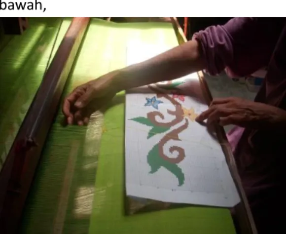 Gambar 1. Proses menenun (membuat motif)  (Dokumentasi: Dini Yanuarmi, 2016) 