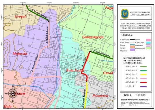 Gambar 12. Pemetaan derajat kejenuhan dan tingkat pelayanan jalan arah 2 pada Jalan Provinsi di  Kabupaten Kediri
