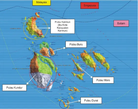 Gambar 1 memperlihatkan Ibu Kota Kabupaten Karimun terletak di Pulau Karimun yang dilingkari dengan warna kuning