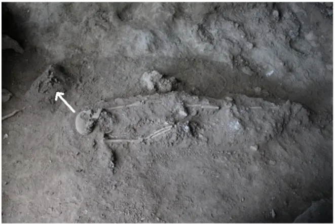 Gambar 4 Konteks Kubur Sisa Rangka GJL 1.1, dengan Bagian Tulang Kaki yang Berada di Area Depan Kraniu   (Tanda Panah)