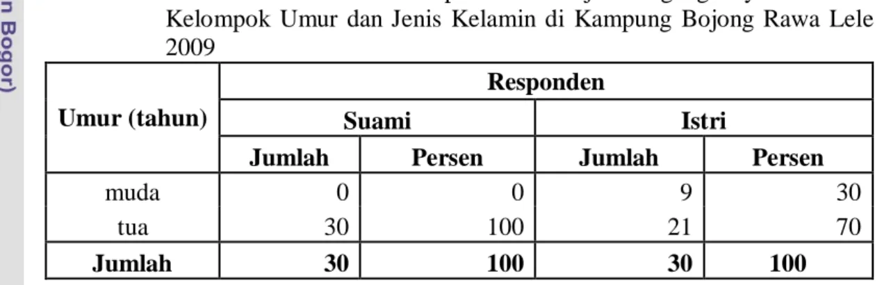 Tabel 5.  Jumlah  dan  Presentase  Responden  Pekerja  Pedagang  Sayur  Menurut  Kelompok  Umur  dan  Jenis  Kelamin  di  Kampung  Bojong  Rawa  Lele  2009 