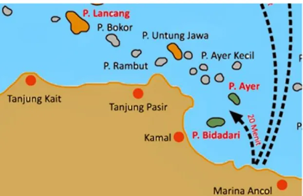 Gambar 1. Lokasi Pulau Untung Jawa  Transportasi  air  yang  umum  digunakan  adalah  perahu  besar  menuju  Pulau  Untung  Jawa  dari  keberangkatan  Tanjung  Pasir,  wilayah  Tangerang
