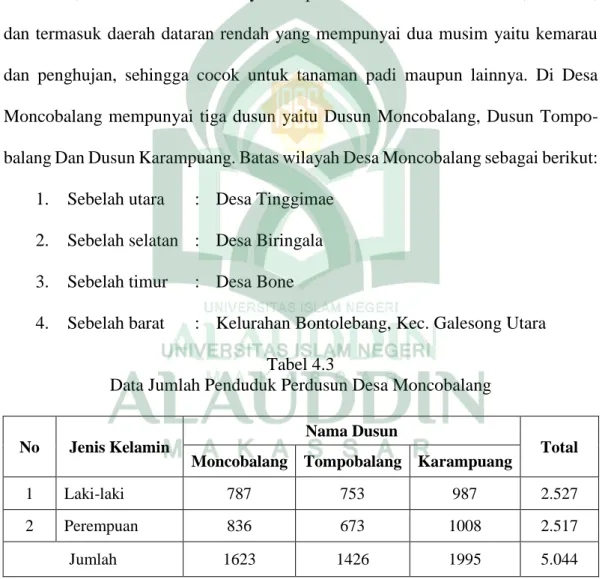 Tabel  4.3  menunjukkan  data  jumlah  penduduk  Desa  Moncobalang  per- per-dusunnya