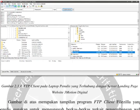 Gambar 2.3.4. FTP Client pada Laptop Penulis yang Terhubung dengan Server Landing Page  Website 3Motion Digital 