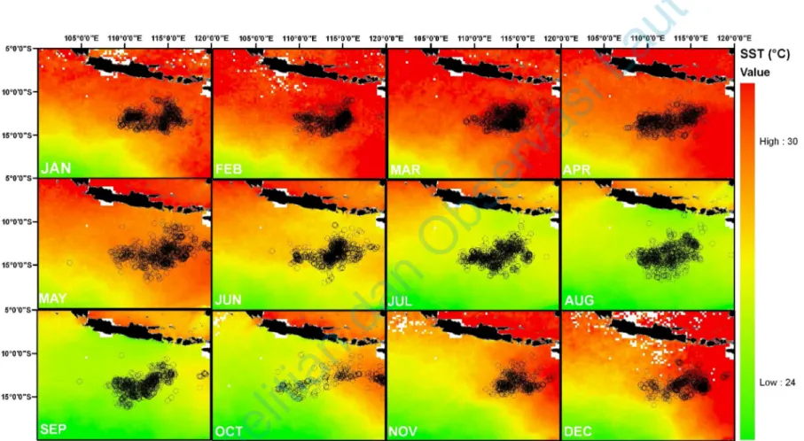 Gambar 3. Komposit suhu permukaan laut (SPL)  bulanan periode 2004 – 2007 yang dioverlay dengan data tangkapan tuna mata  besar bulanan