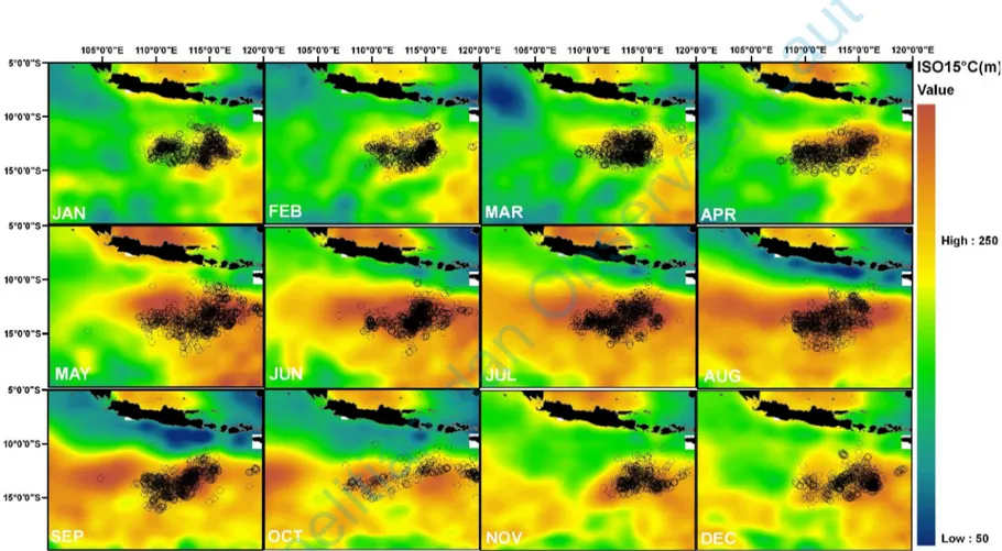 Gambar 5. Komposit kedalaman isothermal 15 °C bulanan periode 2004 – 2007 yang dioverlay dengan data tangkapan tuna mata  besar bulanan