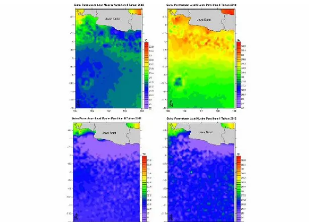 Gambar 9. SPL Perairan Selatan Jawa Barat Musim Peralihan II 2009-2012 5.1.2. Konsentrasi Klorofil-a