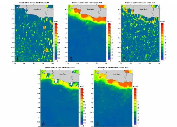Gambar 11. Klorofil-a Perairan Selatan Jawa Barat Musim Peralihan I 2009-2013 Sebaran  konsentrasi  klorofil-a  dimusim  timur  lebih  tinggi  dan  lebih  luas  jika  dibandingkan  dengan pola  pada musim  Barat