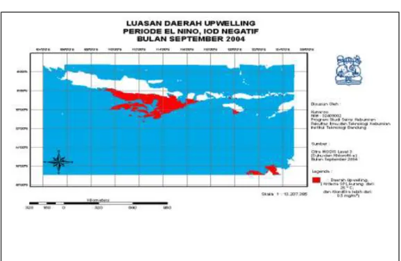 Gambar 1. Puncak upwelling kasus El Niño-IOD(-) terjadi bulan September 2004, daerah  upwelling memanjang dari perairan Selatan Jawa Tengah hingga selatan Lombok 