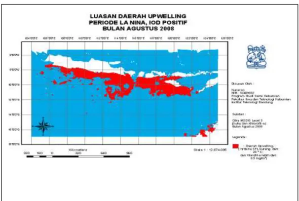Gambar 3. Puncak upwelling pada kasus La Niña-IOD(+) terjadi bulan Agustus 2008,  upwelling terjadi  sangat panjang dari perairan Selatan Jawa Barat  hingga selatan Pulau 