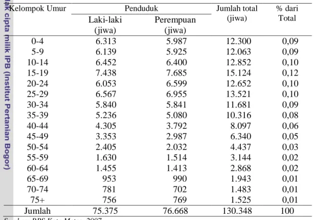 Tabel 16  Penduduk Kota Metro Tahun 2006 berdasarkan kelompok umur  