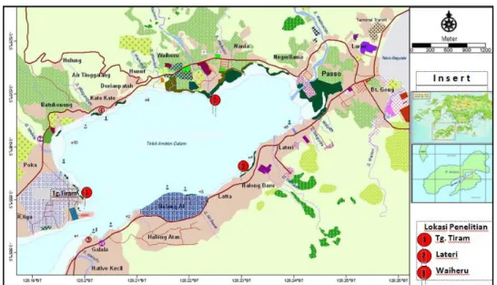 Gambar  1. Peta lokasi penelitian pada ekosistem padang lamun yang berbeda di perairan Teluk  Ambon Dalam