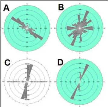 Gambar 4.3 Diagram Rosette Pola Kelurusan (A: Citra DEM, B: Peta Topografi, C:  Pola  Struktur pada Peta Geologi Regional oleh Andana, 2012, dan D: Pola Struktur Regional pada 