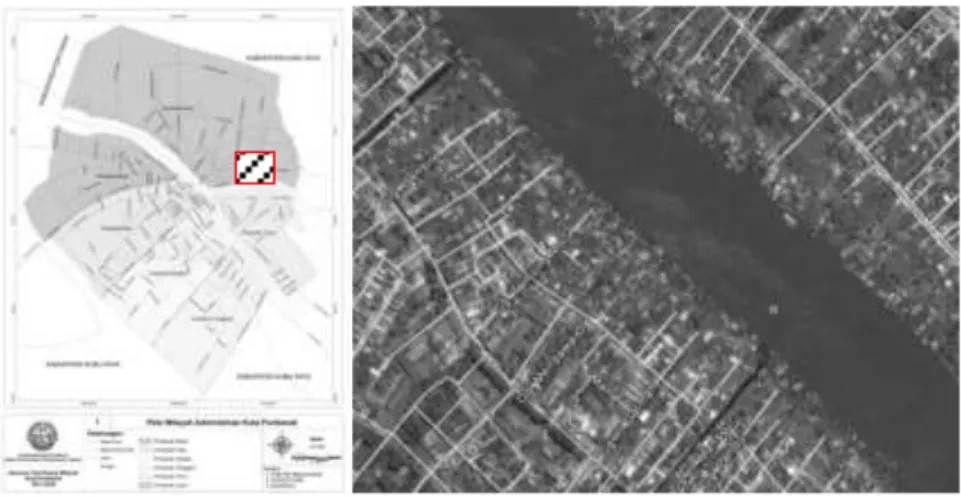 Gambar 1. Lokasi Sampel Rumah pada peta Kota Pontianak (kiri) dan peta daerah tepian sungai  Kelurahan Bansir Laut (kanan) 