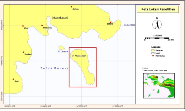 Gambar 1. Peta Lokasi penelitian Biawak (Varanus spp.) di Pulau Mansinam