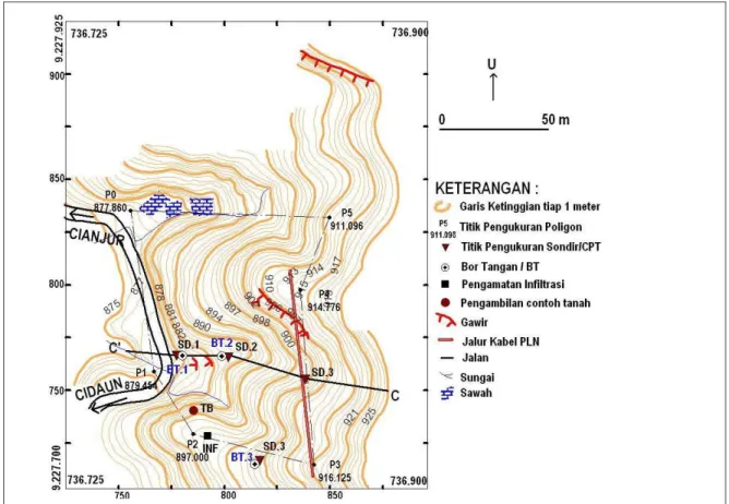 Gambar 6. Peta Topografi lokasi daerah gerakan tanah km. 21 Dusun Cicadas. 
