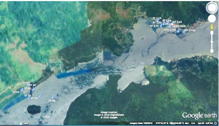 Gambar 3. Letak ADCP dan stasiun pengamatan parameter air di Selat Pagai. 