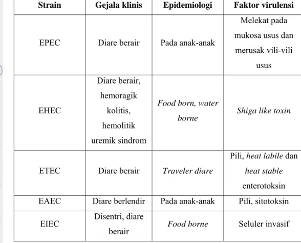 Tabel 1 Gejala klinis, epidemiologi, dan faktor virulensi dari berbagai galur E. 