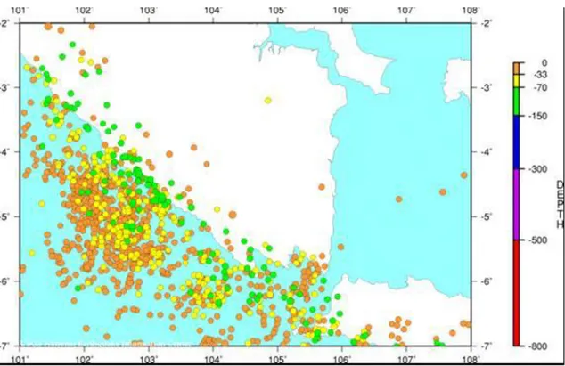 Gambar 1. Data gempa dari tahun 1990 sampai tahun 2004. Warna menunjukkan kedalaman hiposenter gempa  Berdasarkan  Gambar  1  dapat  dilihat  bahwa  data  gempa  bumi  cukup  banyak  di  daerah  sekitar  Lampung