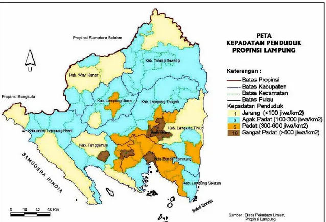 Gambar 2. Pembagian bobot resiko bencana berdasarkan kepadatan penduduk di wilayah Porvinsi Lampung  2.4