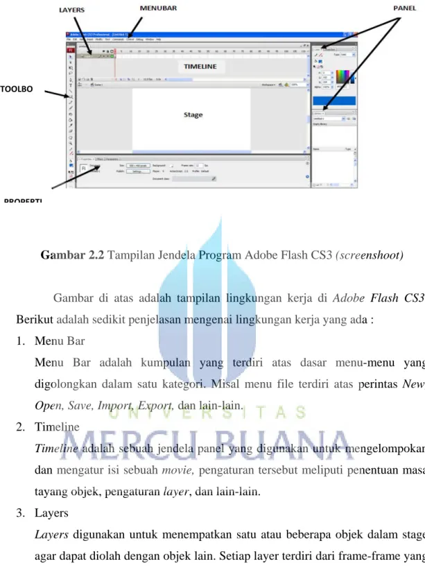 Gambar di atas adalah tampilan lingkungan kerja di Adobe Flash CS3. 
