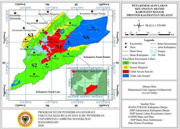 Gambar 3. Peta kesesuaian lahan untuk tanaman durian di Kecamatan Aranio 