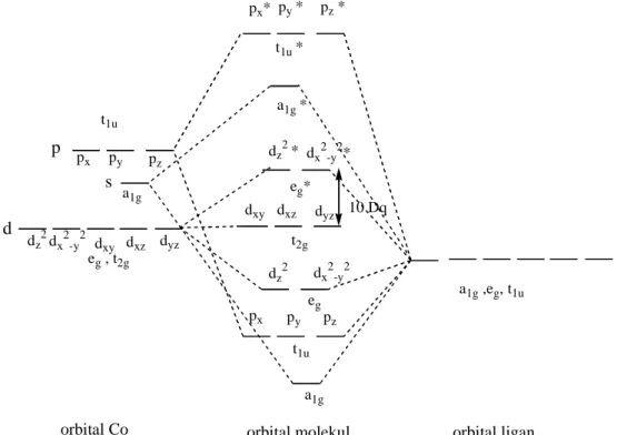 Gambar  15.  Diagram  tingkat  energi  orbital  molekul    kompleks  kobalt  oktahedral (Sharpe,1992 : 476)